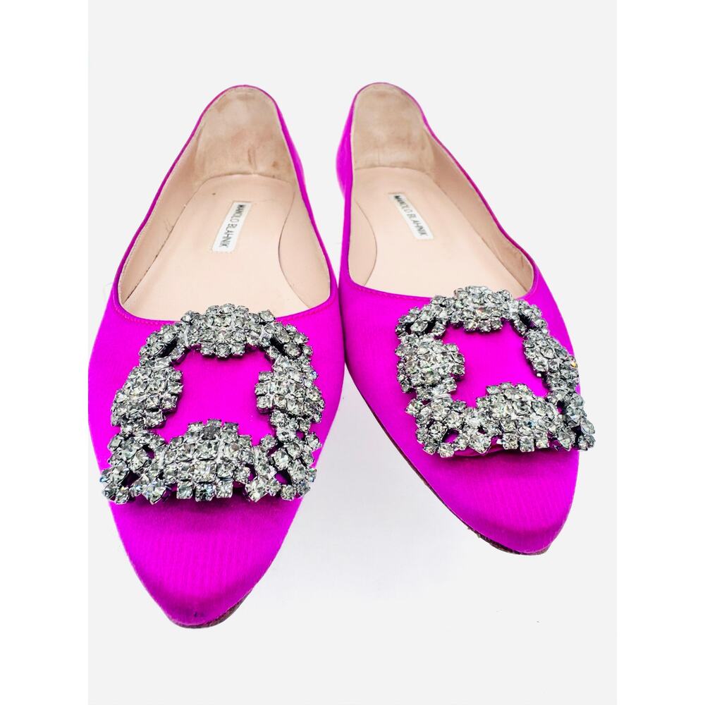 Manolo Blahnik Hangisi Pink Satin Crystal Embellished Buckle Flats Shoes EU 38 - Picture 2 of 10